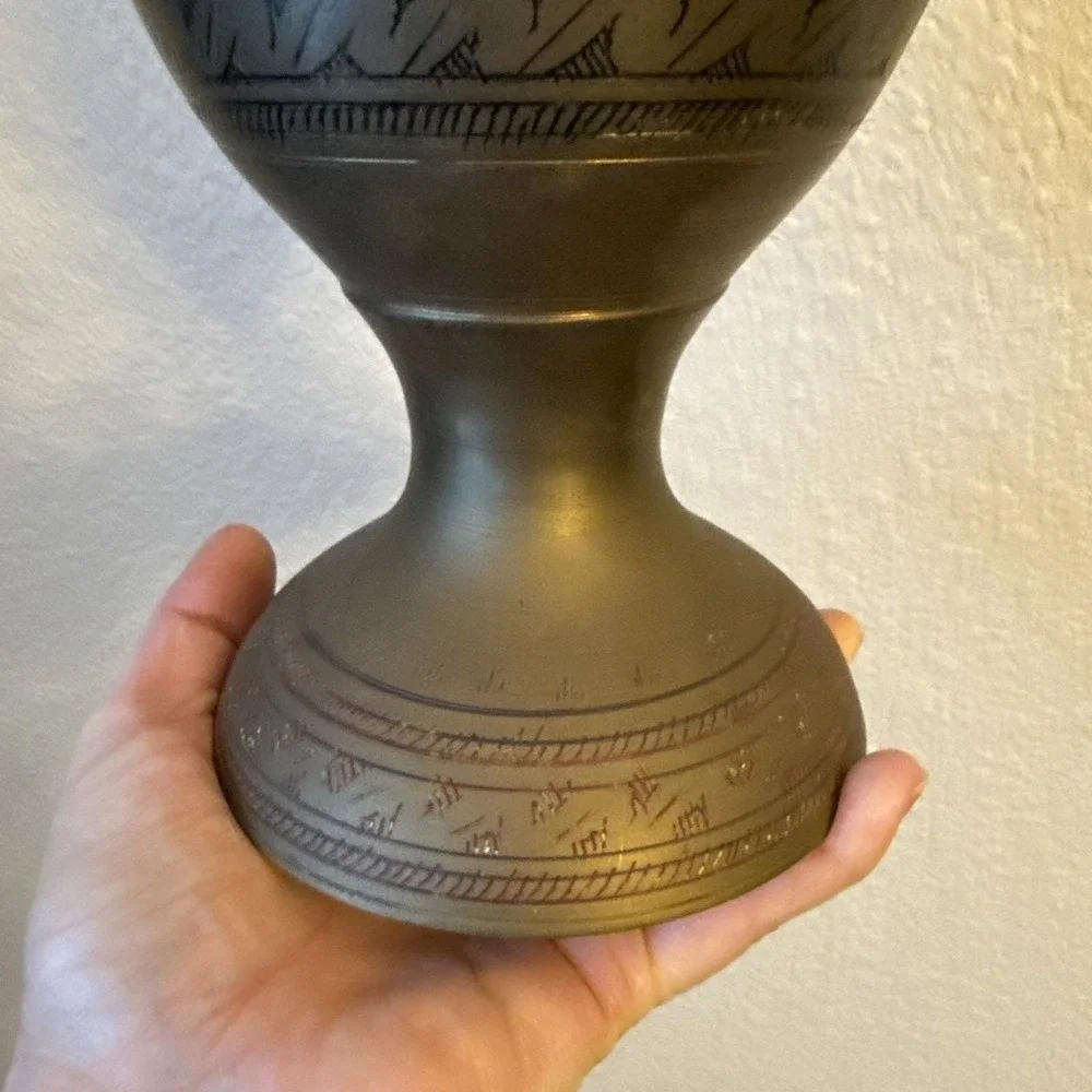 Vintage Solid Brass Vase Hand Etched Floral/Leaf Design 15.5